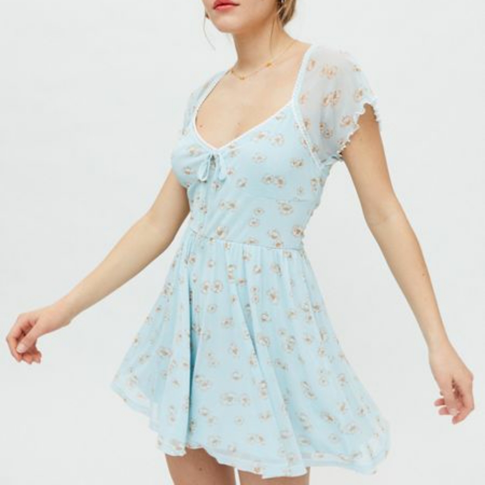 Urban Outfitters Alice Sky Ciel Mesh Flounce Tie Short Sleeve Women's Romper